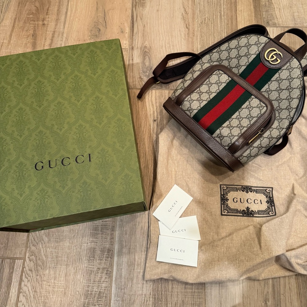 GG Supreme Monogram Calfskin Web Small Ophidia Day Backpack Beige Ebony